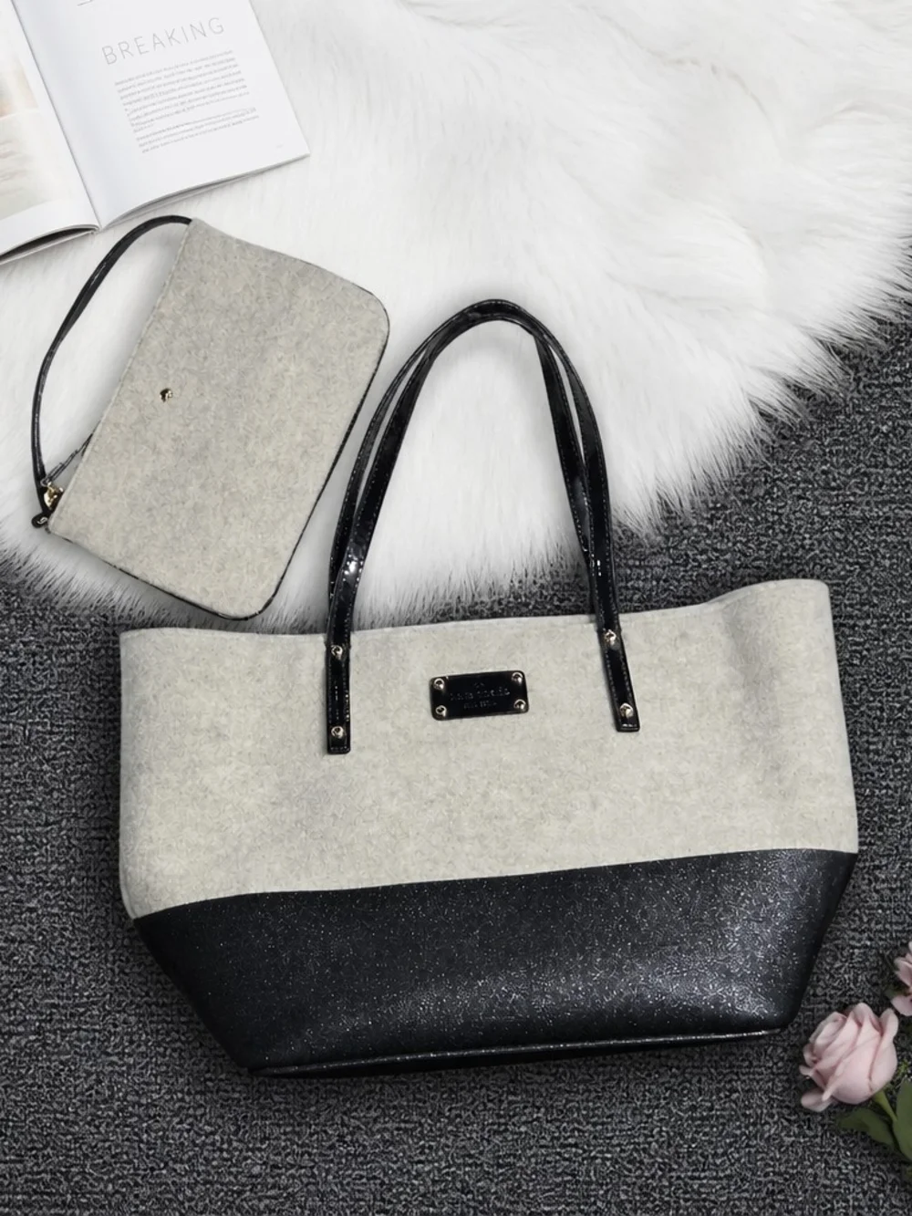 Kate Spade Frosted Felt Small Harmony Tote & Wristlet Set Oatmeal / Black NWOT